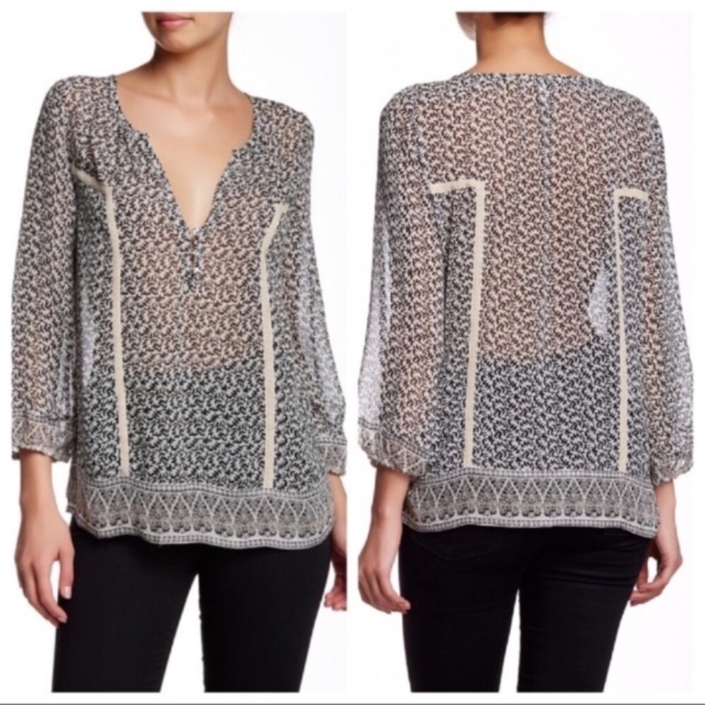Joie Sanna Silk Peasant Blouse Top Black White Women’s Sz XS‎